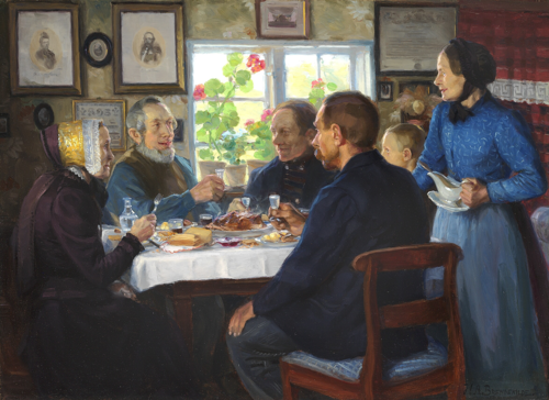 A visit to the weaver Hans Nielsen at Abbednæs., 1908, H. A. Brendekilde