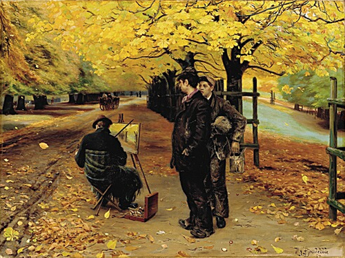 A painter at his easel on an autumn day in Dyrehaven, near Copenhagen., 1884, H. A. Brendekilde