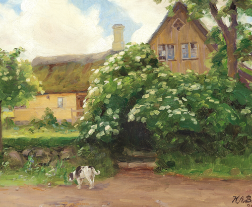 Elderberries in bloom and a dog at the entrance to a thatched farmhouse., 1924, H. A. Brendekilde
