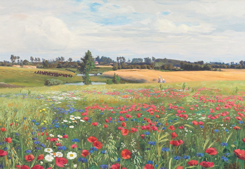 A meadow in bloom, with poppies, leucanthemum and cornflowers., 1901, H. A. Brendekilde