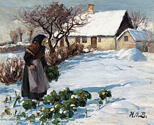 A farmer's wife getting cabbage from the garden in winter., 1908, H. A. Brendekilde
