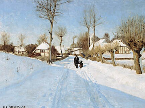 An old man and a little girl between thatched houses., 1908, H. A. Brendekilde