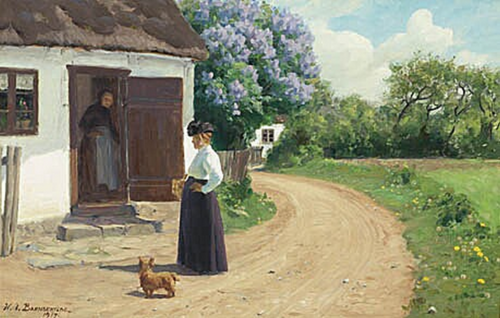 Two women talking on a village road., 1917, H. A. Brendekilde