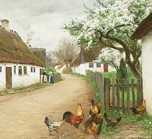 Village street with hens and two women talking., 1908, H. A. Brendekilde