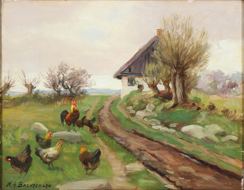Farmhouse exterior with chickens, , H. A. Brendekilde