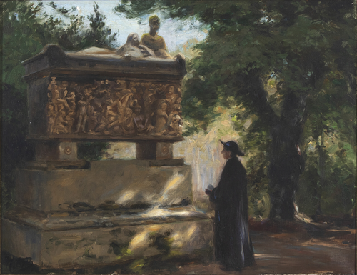 A catholic priest in front of a sarcophagus, , H. A. Brendekilde