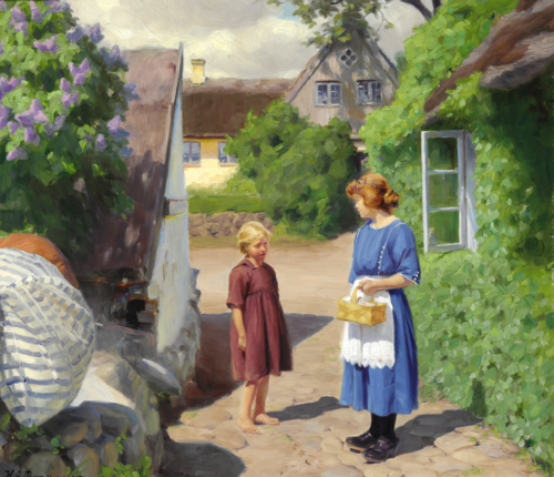 Summer day in Jyllinge. Lilacs in bloom and little girls in the village street, 1922, H. A. Brendekilde