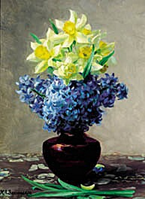 Lent lilies and hyacinths in a jar., 1908, H. A. Brendekilde