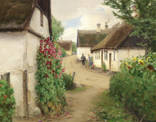 Summer day in a village with sunflowers and red hollyhocks., 1908, H. A. Brendekilde