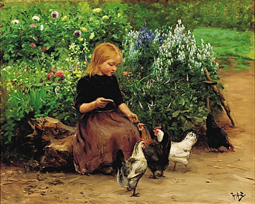 Lise is feeding the hens., 1908, H. A. Brendekilde