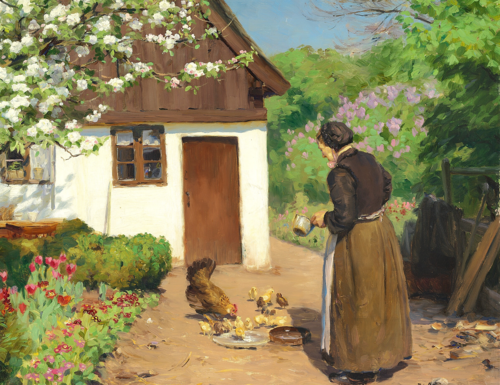 A woman feeding hens in front of a white chalked farmhouse on an summer day., 1908, H. A. Brendekilde