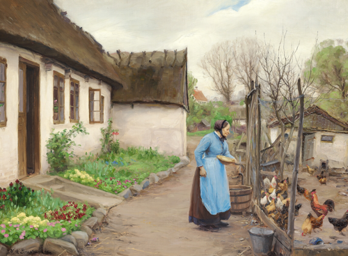 A woman feeding hens in front of a white chalked farmhouse on an autumn day., 1908, H. A. Brendekilde