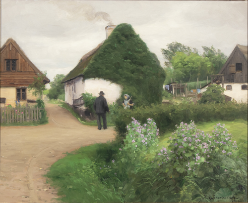 Scenery from a village with persons in conversation, 1923, H. A. Brendekilde