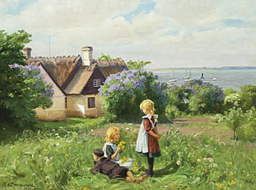 Summer at Roskilde Fjord with children make flower wreaths., 1924, H. A. Brendekilde