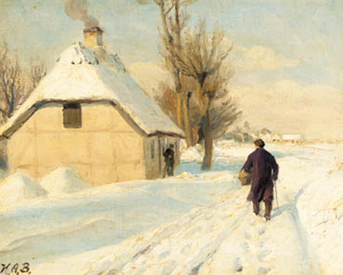 Winter day near a thatched house. A man is walking by on the snow covered road., 1908, H. A. Brendekilde