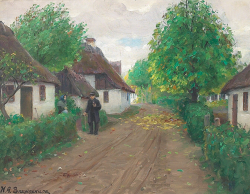 A village road with teo persons talking., 1908, H. A. Brendekilde