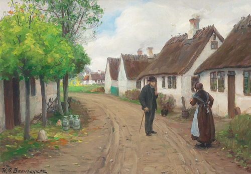 Village scene from Jyllinge with persons talking., 1908, H. A. Brendekilde