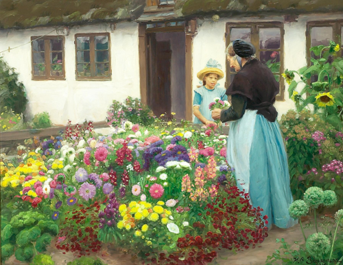 Bondegårdsidyl med ældre kvinde og pige i blå kjole ved blomsterbed., 1915, H. A. Brendekilde
