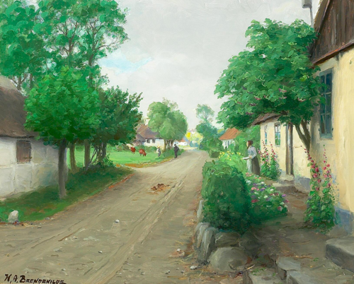 A village road with people and cows and hollyhocks in bloom., 1908, H. A. Brendekilde