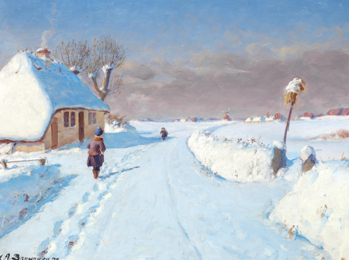 Sunlit road at the edge of a village, winter (32 x 42 cm)., 1908, H. A. Brendekilde