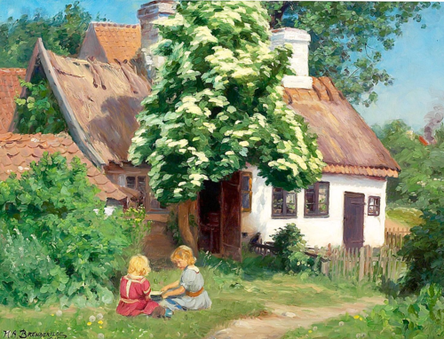 Children playing in front of a farmhouse., 1915, H. A. Brendekilde