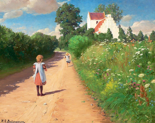 Little girls playing outside the church of Brændekilde on a warm summerday., 1908, H. A. Brendekilde