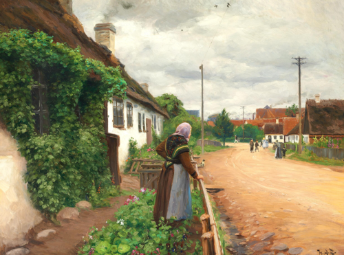 An old woman is watching the children of the village as they play., 1908, H. A. Brendekilde