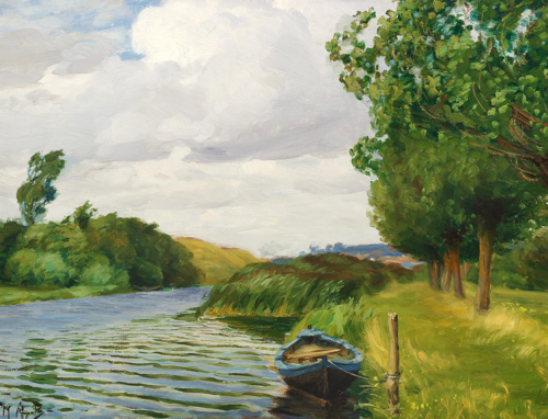 A view of the river at Odense, with a boat., 1908, H. A. Brendekilde