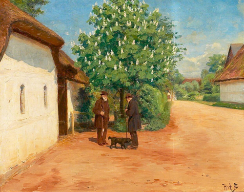 Spring scenery with two gentlemen., 1908, H. A. Brendekilde