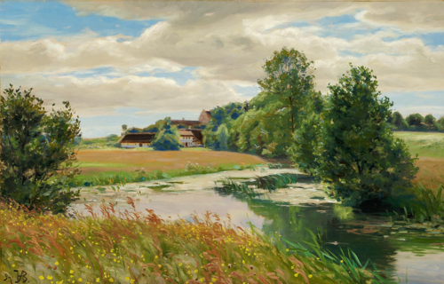 Summer landscape at a river near a church., 1897, H. A. Brendekilde