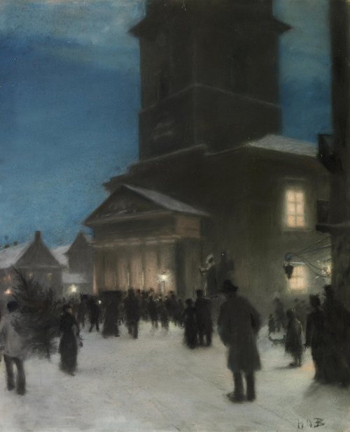 Christmas eve outside the Church of Our Lady (Vor Frue Kirke) in Copenhagen., 1908, H. A. Brendekilde