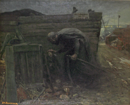 Scenery with a poor girl at nighttime., 1908, H. A. Brendekilde
