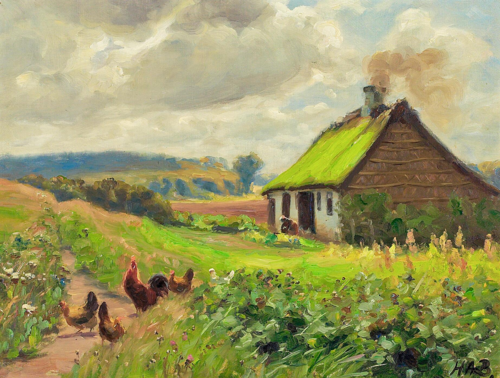 Springtime with a house, a woman and some chicken., 1908, H. A. Brendekilde