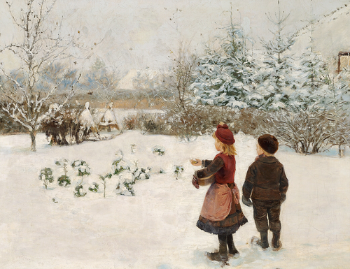 Two children feeding birds in the snow., 1908, H. A. Brendekilde
