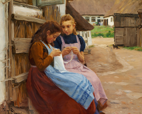 Two girls with needle-work sitting in a farm yard., 1902, H. A. Brendekilde