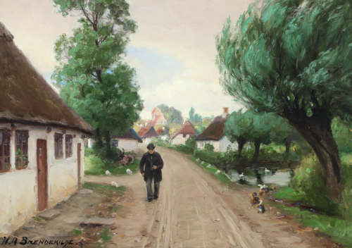 Village street with man and ducks by the pond., 1908, H. A. Brendekilde