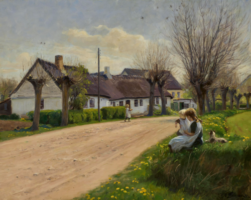 Springtime in a village with girls at the roadside., 1917, H. A. Brendekilde