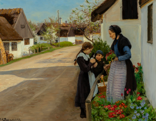 Spring day in the village. The kitten is presented to grandmother., 1908, H. A. Brendekilde