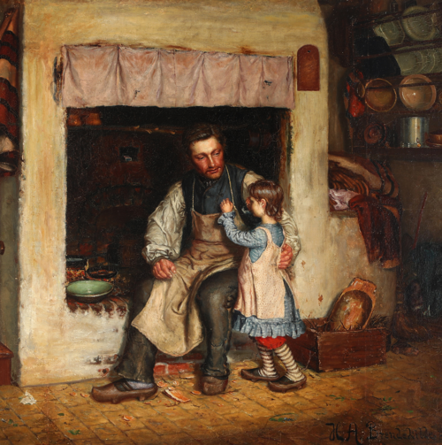 Interior from a kitchen with a little girl and a man., 1908, H. A. Brendekilde