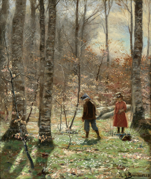 A spring day in the forest with a boy and girl picking anemones., 1908, H. A. Brendekilde