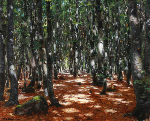 Sunlight through beech trees., 1908, H. A. Brendekilde