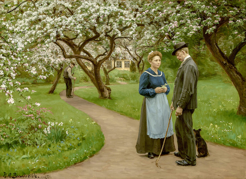 Young couple under blossoming fruit trees, springtime., 1905, H. A. Brendekilde