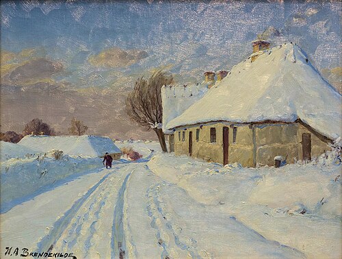 Sunshine in the village on a winter day., 1908, H. A. Brendekilde