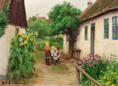 Children playing by a farmhouse, on the left sunflowers in bloom., 1908, H. A. Brendekilde