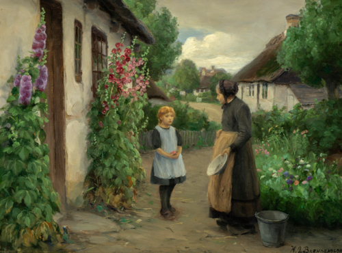 A summer day in the village with a little girl and an elderly woman., 1908, H. A. Brendekilde