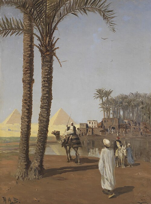 Orientalische Szene, im Hintergrund die Pyramiden von Gizeh, 1880, H. A. Brendekilde