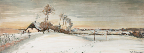 Winter landscape at a small village., 1908, H. A. Brendekilde