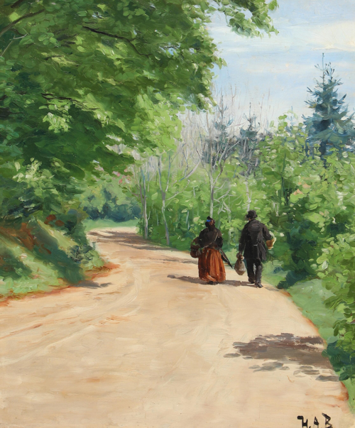 Spring forest road with a couple walking., 1908, H. A. Brendekilde