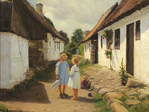 Two children in a village street, 1921, H. A. Brendekilde