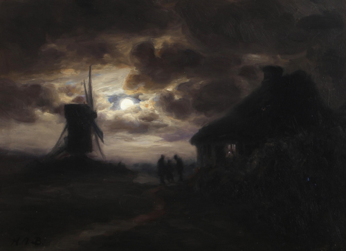 Moonlight scene with a mill., 1908, H. A. Brendekilde